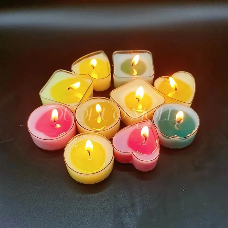 10Pcs Plastic Clear Tealight Cups Holders Round Love Heart Candle Mold Wax Containers Jar Empty Case Craft DIY Candle Making Kit