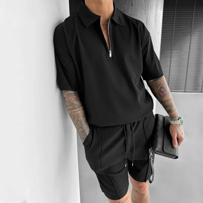 2024 European and American Men's Premium Suit, New Summer Style Zipper Polo Short-sleeved Drawstring Shorts Casual Suit M-3XL