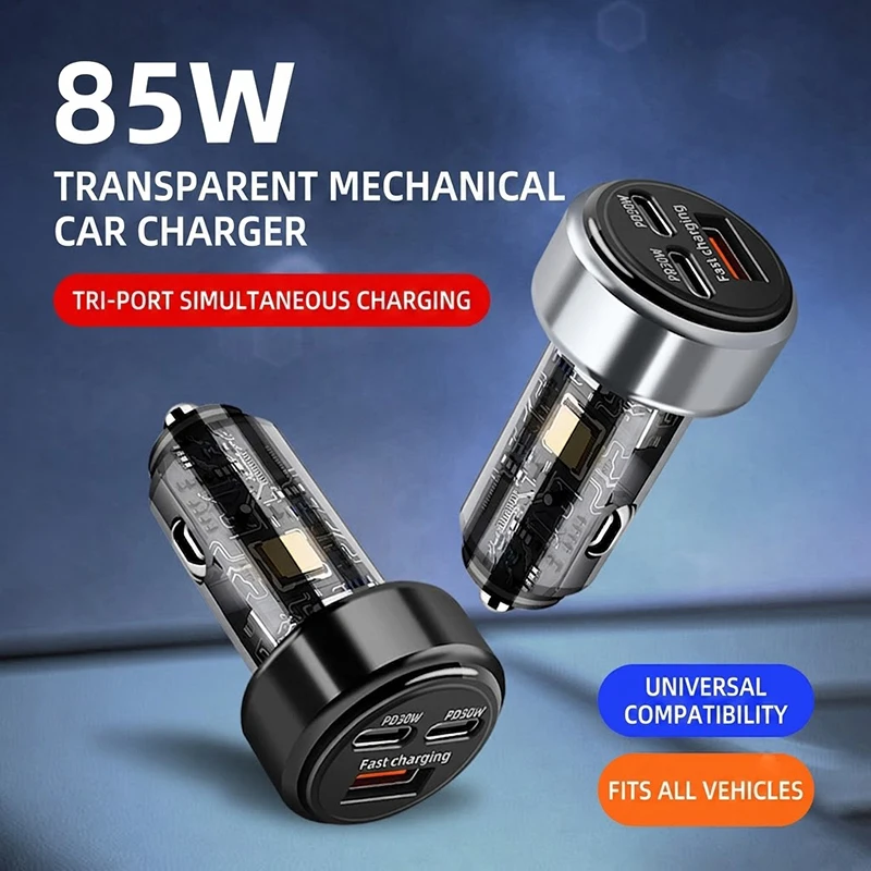 85W Transparent Car Charger 3 Port PD30W Type-C USB Fast Charging Adapter Mechanical Cigarette Lighter For iPhone 17 For Samsung