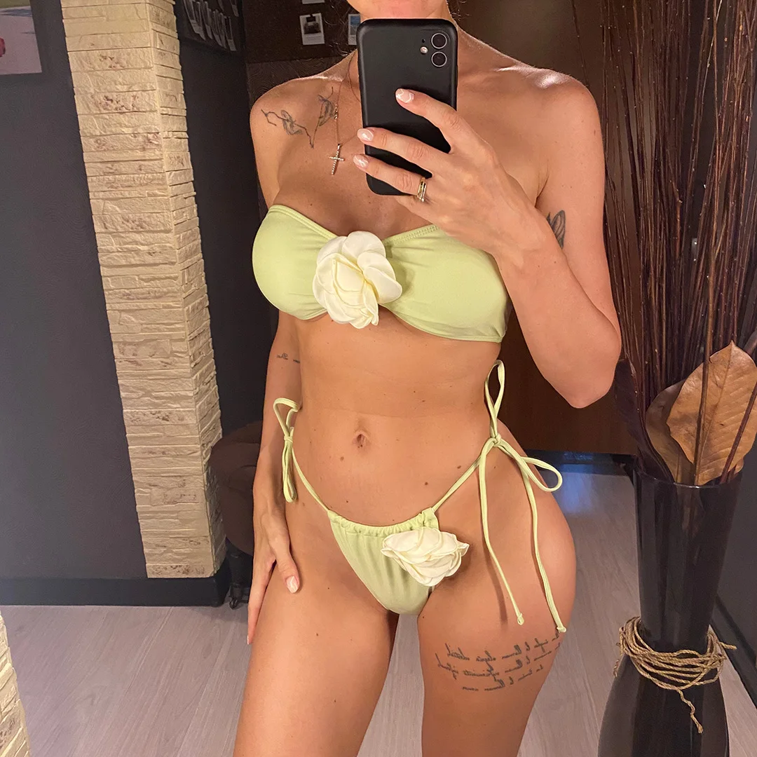 14 Farben, 3D-Blumen, Bandeau-Bikini mit hohem Beinausschnitt, Damen-Badeanzug, zweiteiliges Bikini-Set, Badebekleidung, Badeanzug, Modell V5265. – Detail 12