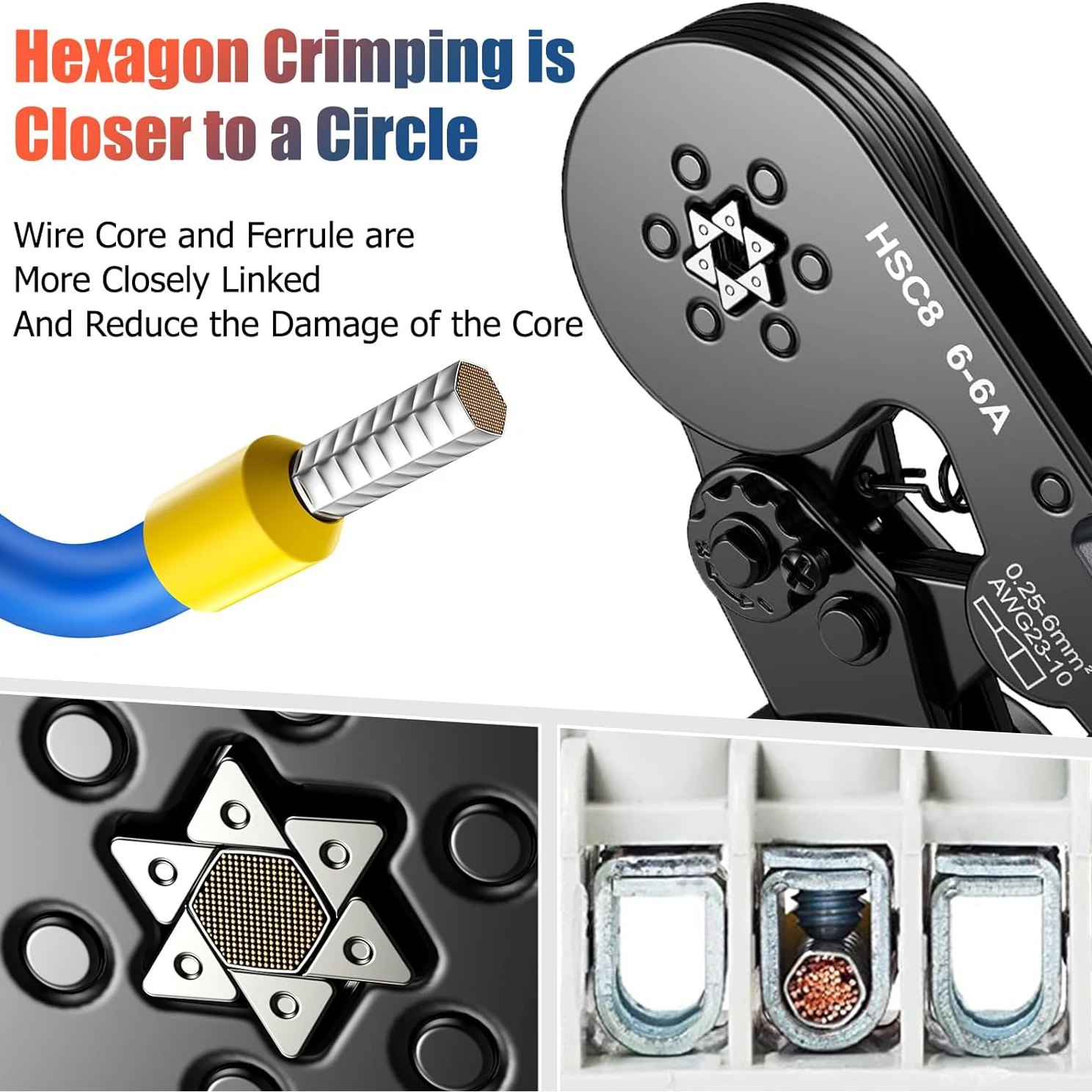 Imagem -02 - Hexagonal Auto-ajustável Ratchet Virola Crimping Tool Kit Crimper Kit com Mangas Virola Terminais de Fio 237awg 0.2510 Mm2