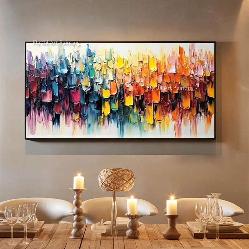 Rainbow Drip Stroke Thick Canvas Artwork Handmade Beautiful Red Orange Blue Purple Abstract Oil Painting Textured Wall Decor