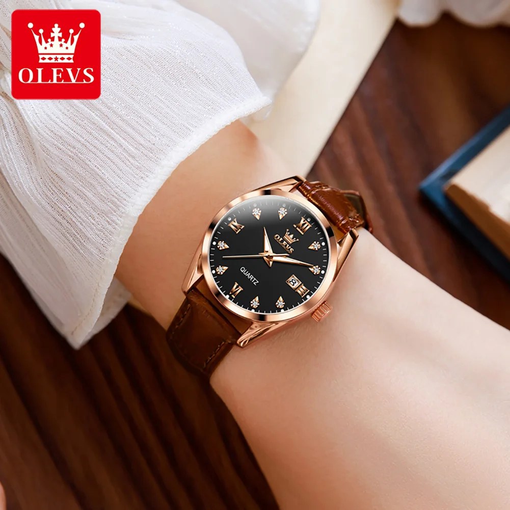 OLEVS 5522 Women Watch Quartz Wristwatch Automatic Date Leather Strap Waterproof Luminous Watch Bracelet Set Ladies' Gift Box