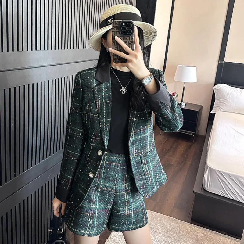 Women's plaid 2 pieces tweed suit, suit jacket+shorts, new spring and autumn small fragrance style women's set