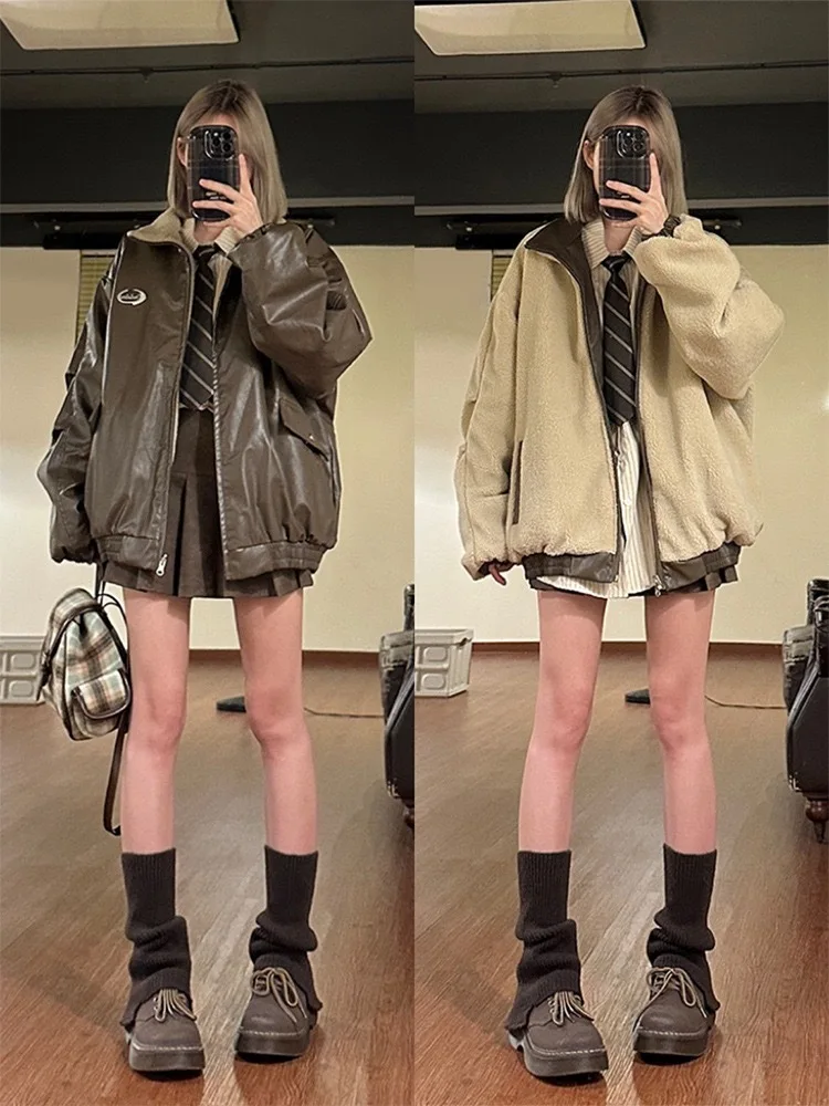 

American Unisex Double Sided Pilot Jacket Oversize Thickened Lamb Fleece Imitation Leather Winter Coat Fashion Street Style Top