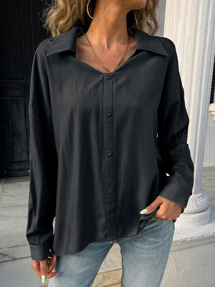 

Women's Solid Color V-Neck T-Shirt 2025 Spring Summer Casual Loose Single Breasted Top Basic Workwear