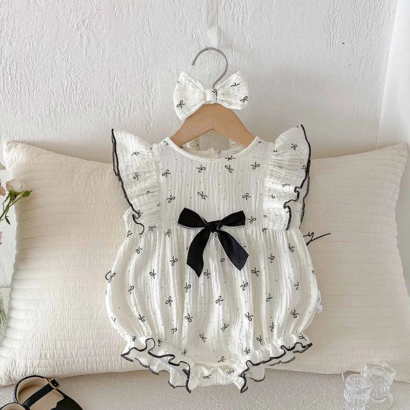 2026 New Summer Infant Baby Girls Bodysuits+Hairband Flying Sleeve Cotton Print Toddler Baby Jumpsuit 0-24M Baby Girl Clothing