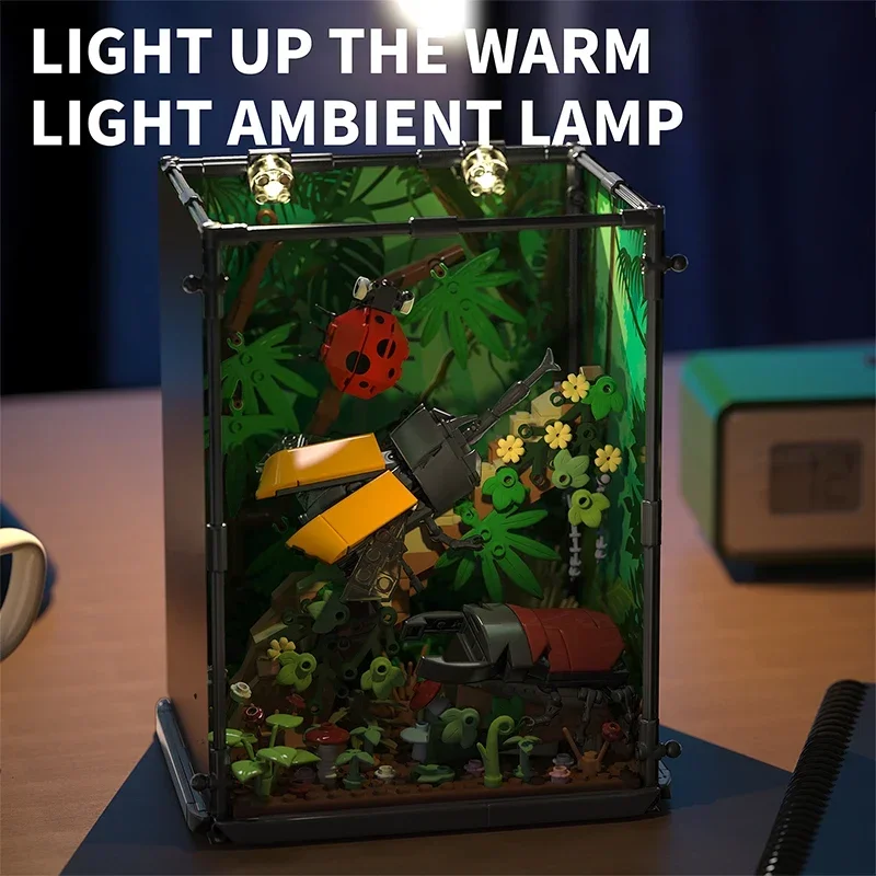 

Beetle Family Ecological Box Building Blocks Insect Rainforest Scene Model Bricks With Light Kids Educational Toys Holiday Gifts