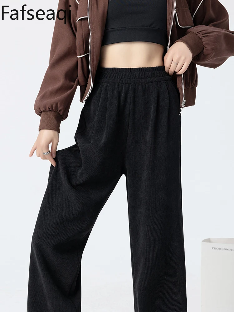 Brown Wide Leg Long Trousers for Women 2024 Autumn Straight Pants with Fleece High Waist Sweatpants Velvet Warm Women's Pants