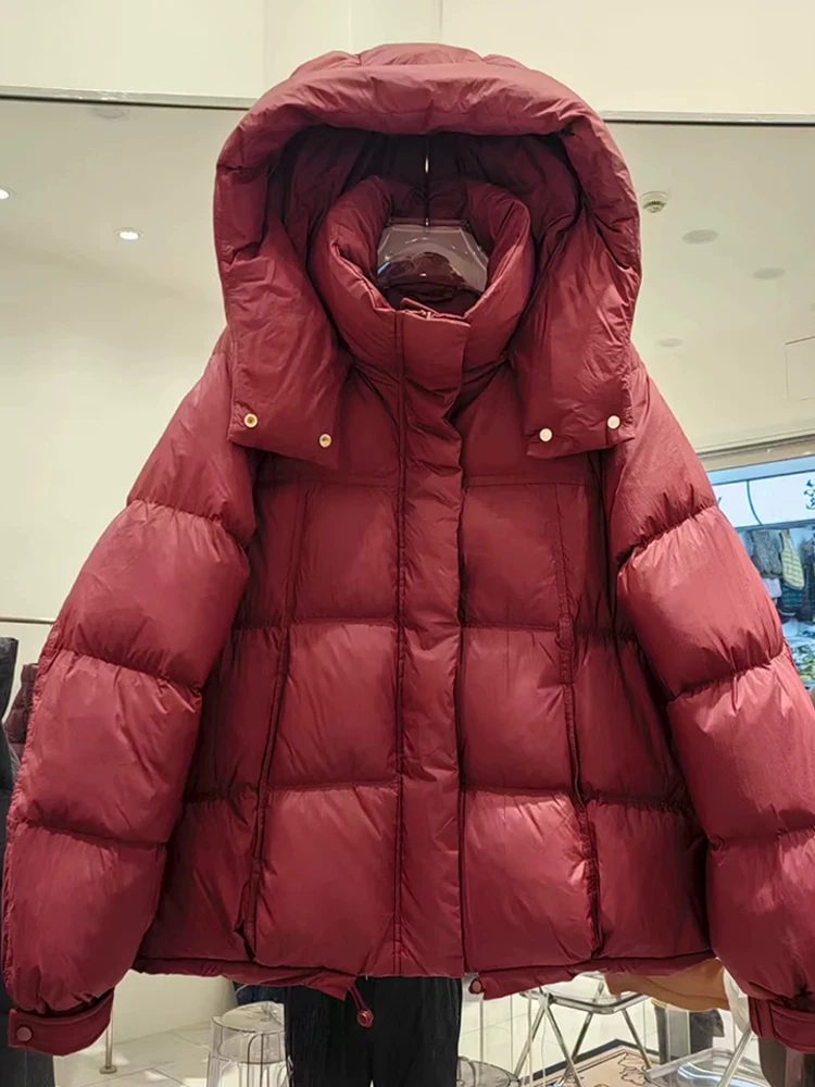2025年冬新作 ダウンジャケット レディース ショート丈 フード付き クラウドパフ 厚手 無地 おしゃれ 多機能 パン風 ダックダウンコート