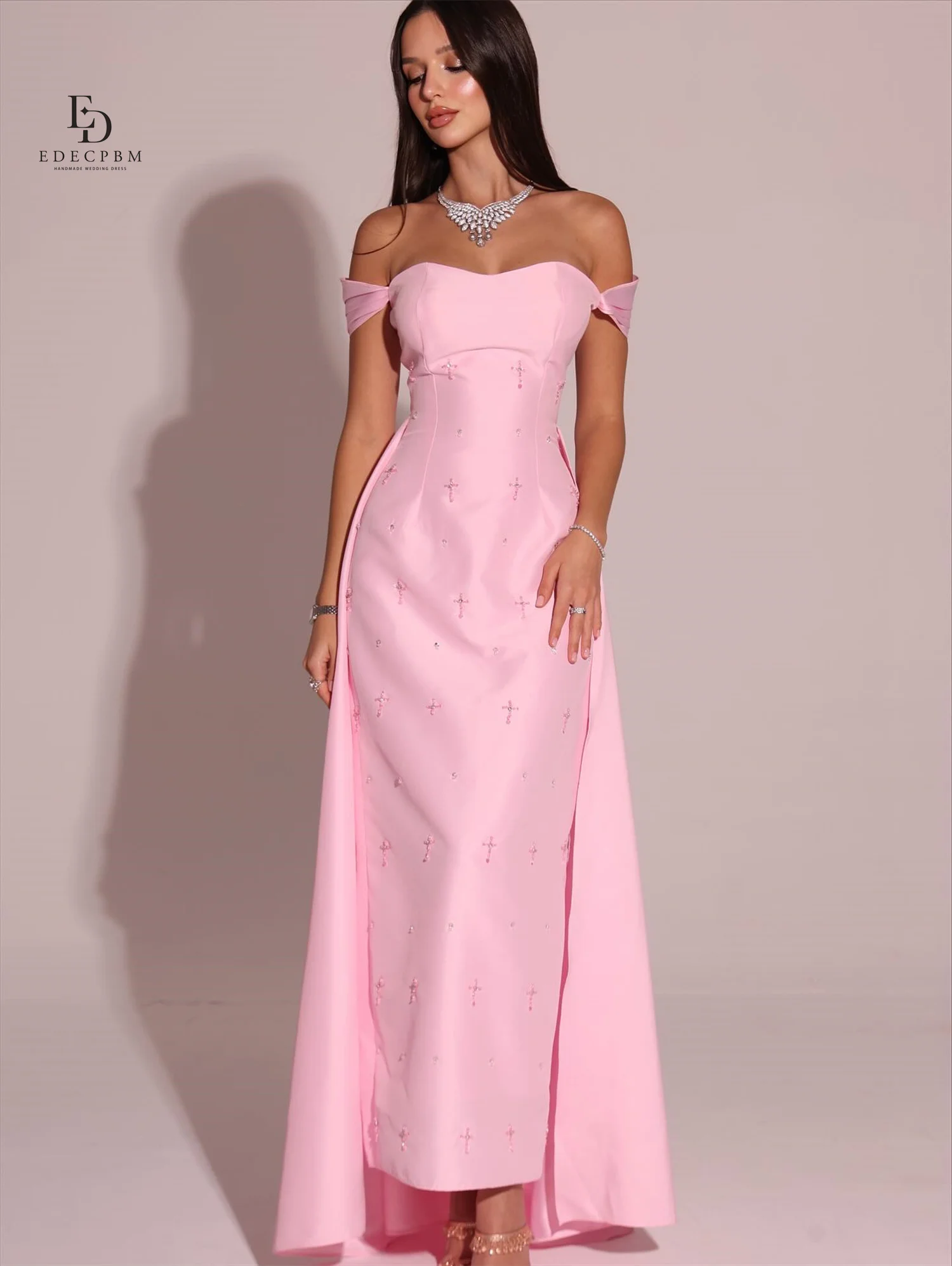 فساتين نسائية أنيقة من الساتان EDECPBM لحفلات الزفاف فستان سهرة نسائي مخصص وردي مصنوع يدويًا من فساتين سهرة للحفلات الراقصة النسائية