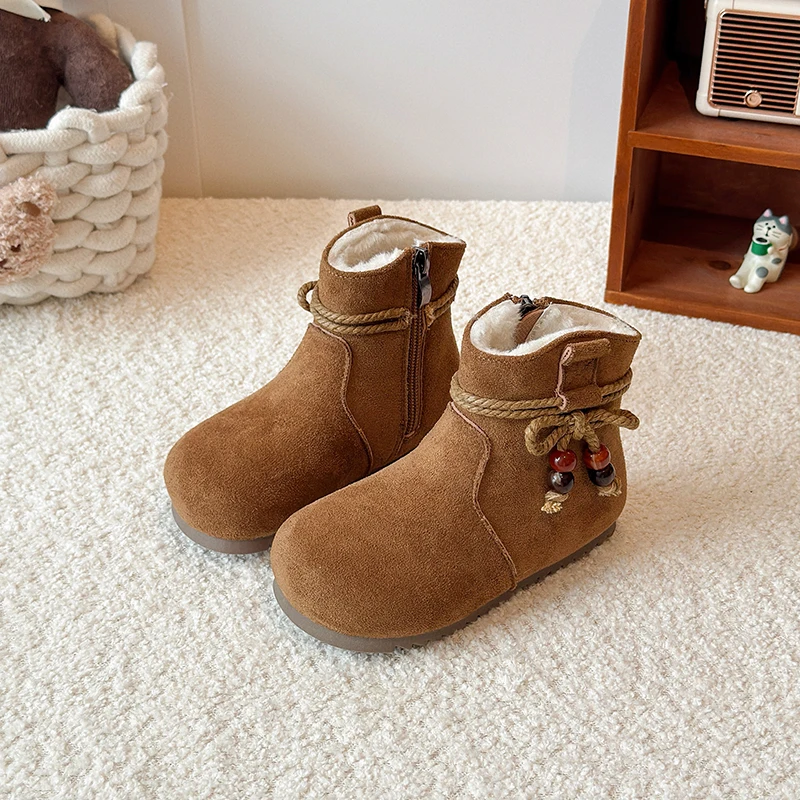 

Зимние детские плюшевые ботинки в стиле ретро, теплые однотонные модные зимние ботинки для девочек, детские ботильоны принцессы в национальном стиле с круглым носком