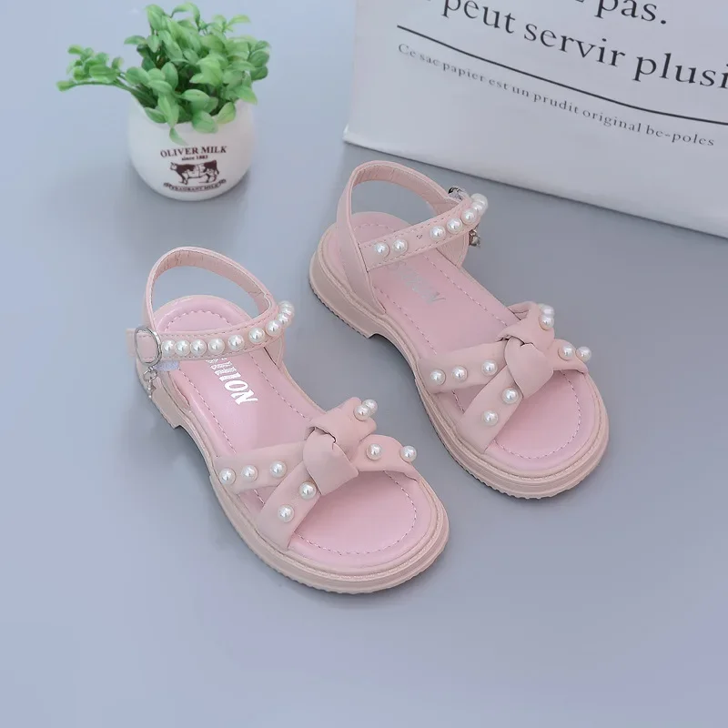 Sandales à perles pour filles, chaussures de plage pour enfants, sandales plates d'été, chaussures de princesse pour enfants 26-36, 2023