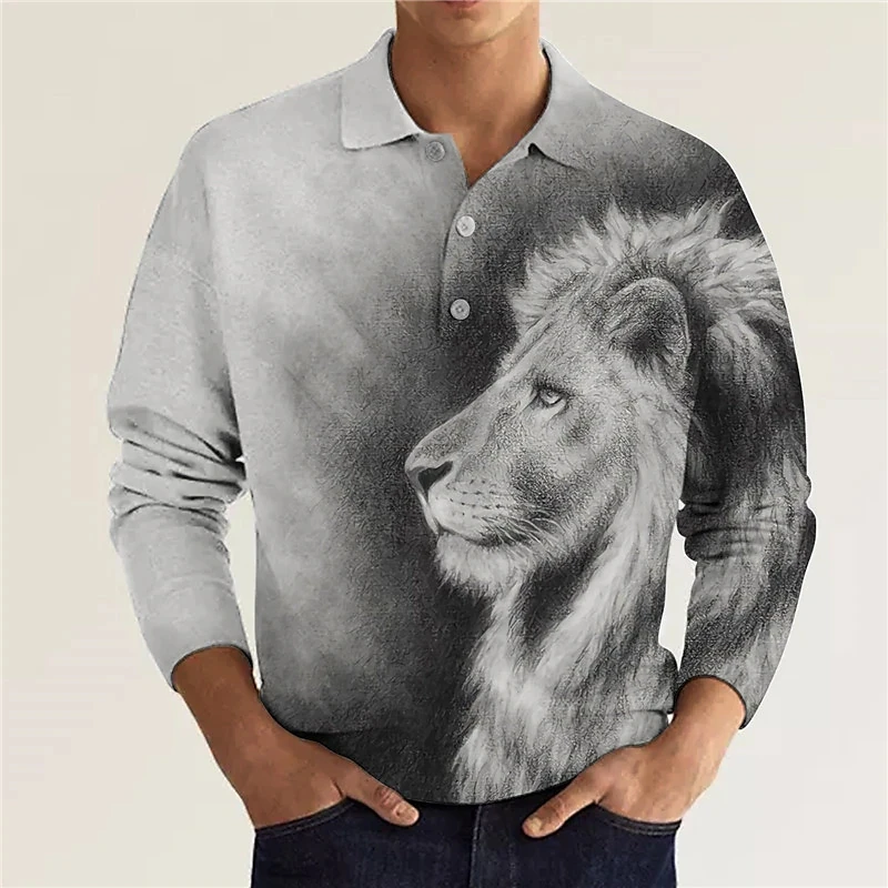 Fashion Lapel Men's T-Shirt Funny 3D Lion Print Long Sleeved Tops Hip Hop Trend Harajuku Vintage Clothes Casual Loose Polo Shirt
