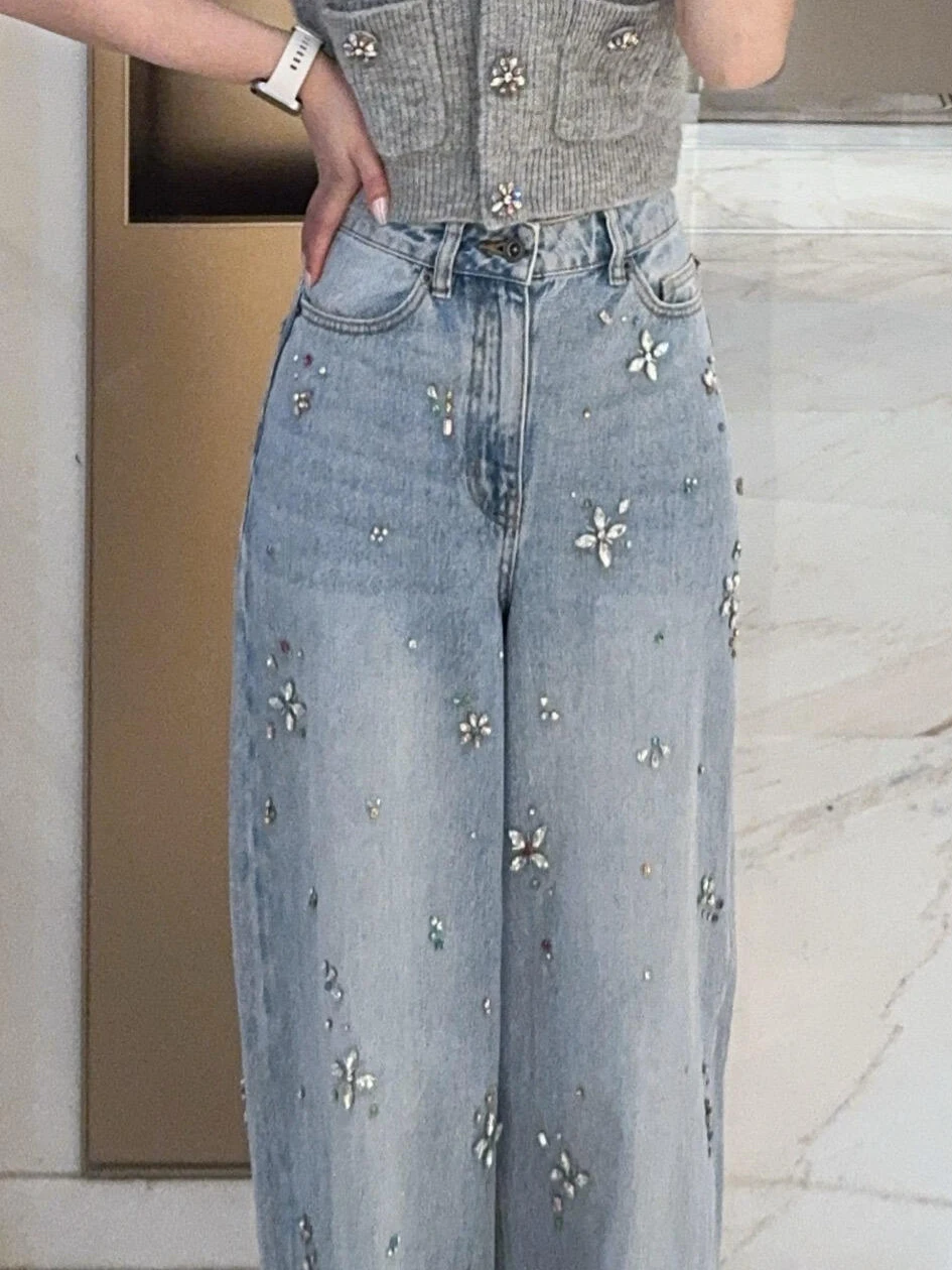 Elegant Wide Leg Denim Jeans Women's Heavy Embellished New Year Diamond Embroidery Cotton Blend Casual Trousers