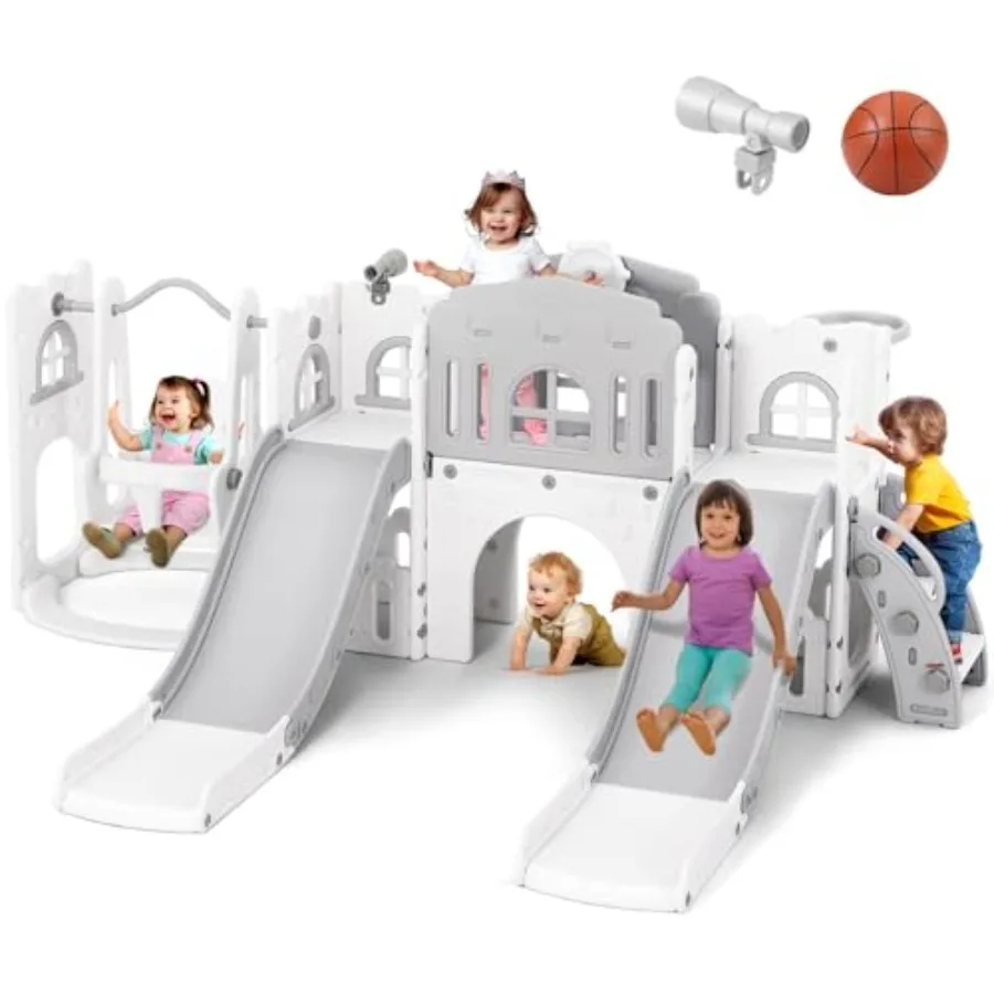 

10 in 1 Toddler Slide Double Kid Climber Slide Playset with Swing Basketball Hoop Telescope Tunnel Storage Space and Non-Slip S