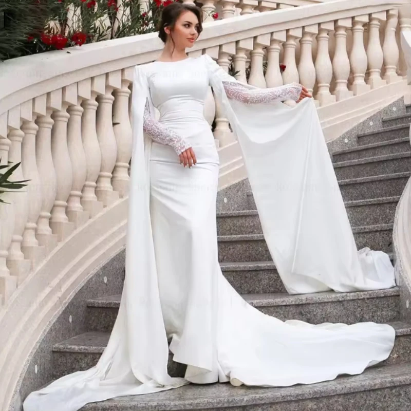 

Muslim Weddings Dresses O-Neck Applique Lace Ivory Brush Train Floor Length Mermaid Simple Bridal Gown Customized robe de mariée