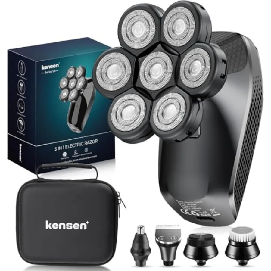 Afeitadora de Cabeza 7D para Hombres Calvos - Afeitadora Eléctrica 5 en 1 con Recortador de Vello Nasal y Barba, Inalámbrica
