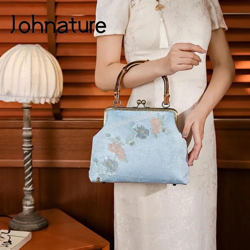 Johnature Exquisitely Embroidered Antique Cheongsam Bag 2024 New Women Elegant Handbag Versatile Vintage Shoulder Bags