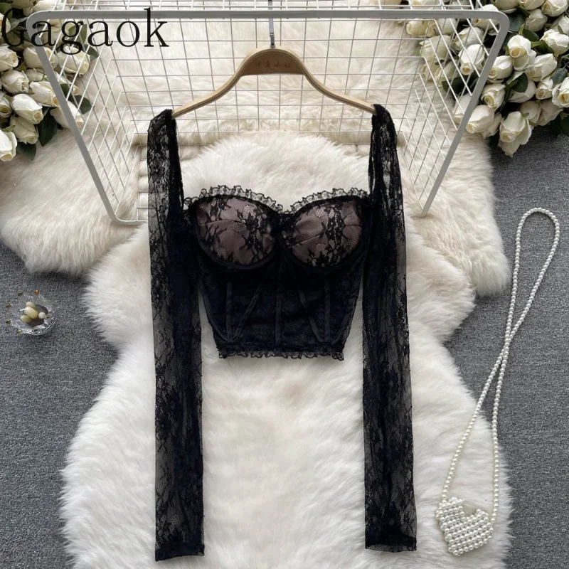 Gagaok Lace Embroidery Sexy Blouse Women Square Neck Long Sleeve Elastic Waist Elegant Lady Fashion Spring Short Tops