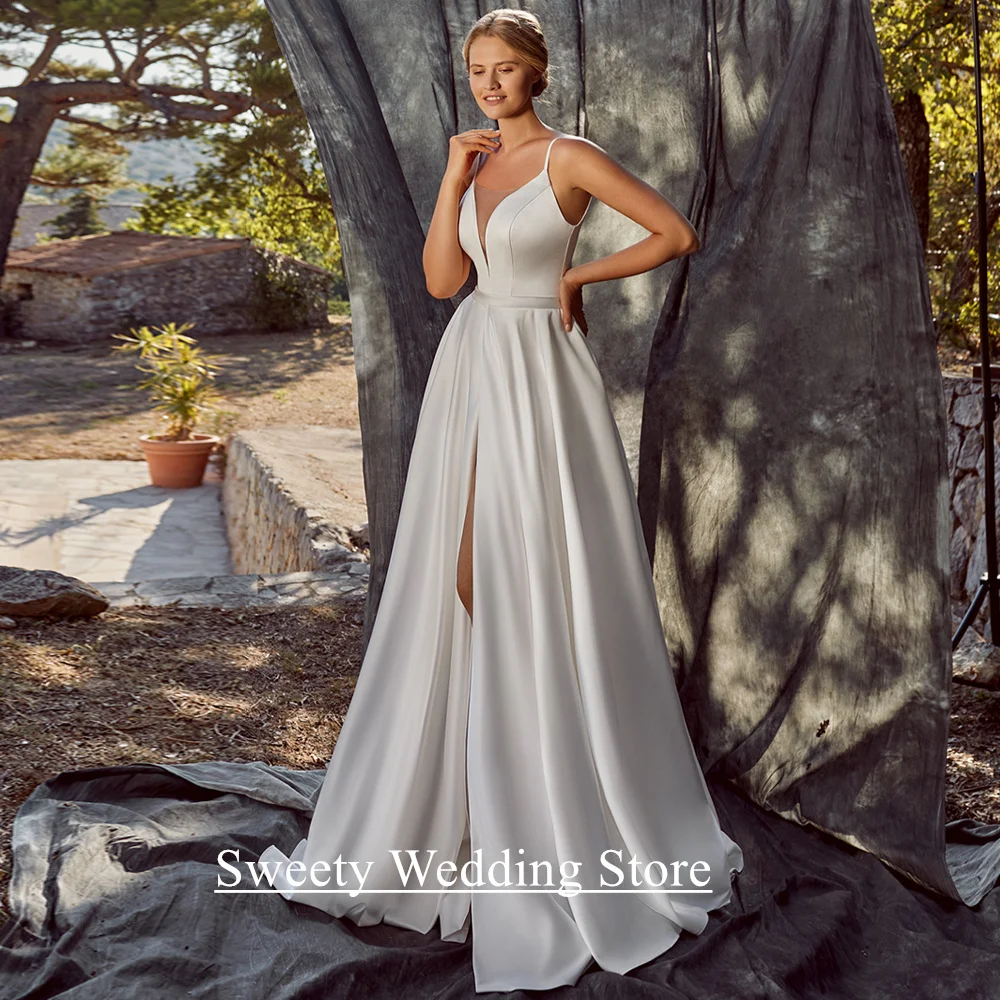 Simple Modern Wedding Dress Customized V Neck Spaghetti Straps High Slit Sweep Train Satin Corset Bridal Gown for Bride