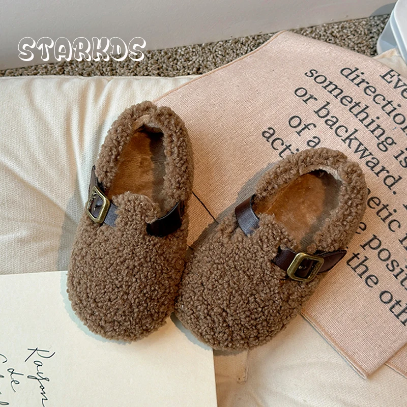 Toddler Child Shearling Fleece Shoes Girl Warm Furry Loafers Baby Fashion Plush Flat Zapatos With Metal Buckle Belt