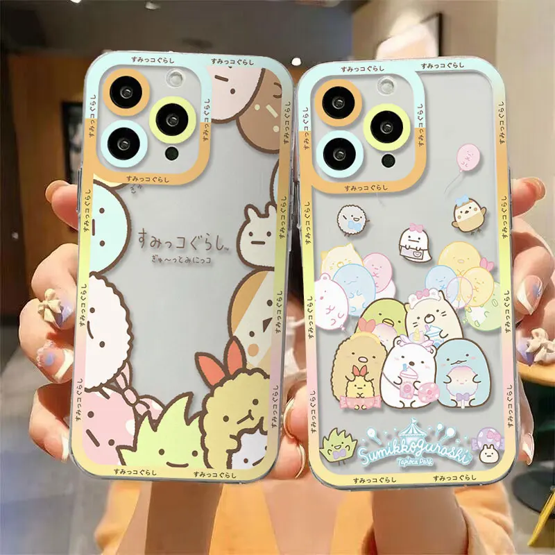 Cute Sumikko Gurashi custodia per telefono Hot Cartoon per iPhone 15 14 13 12 11 Mini Pro Max XR XSMax 7 8 Plus SE20 Cover trasparente