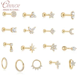 CANNER 1PC 14K Pure Gold Minimalist Horse Eye Butterfly Stud Earring for Women Zircon Threaded Piercing Ear Luxury Jewelry Gifts