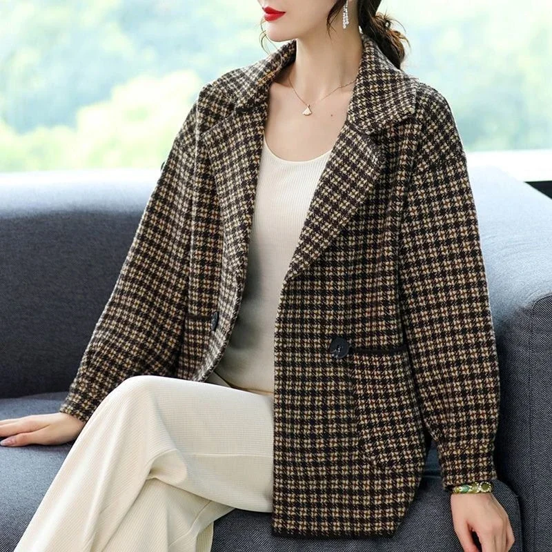 Women Houndstooth Wool Coat 2026 Fall Winter Lapel Open Front Slimming High End Trench Coat