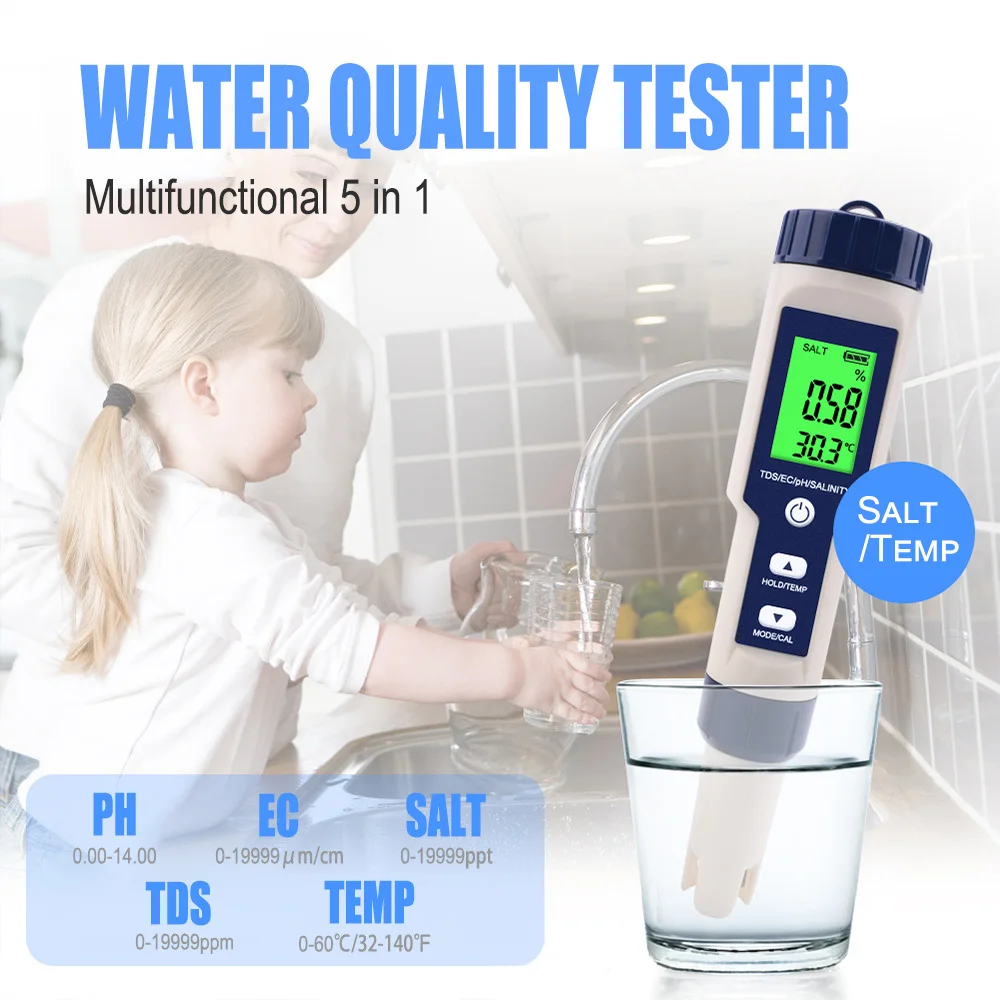 Détecteur de qualité de l'eau domestique de haute précision, multifonctionnel 5 en 1, détection PH/TDS/EC/sel/température pour l'eau/aliments/piscine d'aquaculture