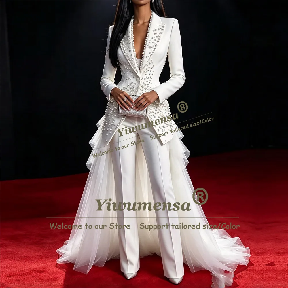 Women Suits For Wedding Pearls Crystals Bride/Groom's Mother Dress Customized Single Breasted Blazer With Long Tulle Cape