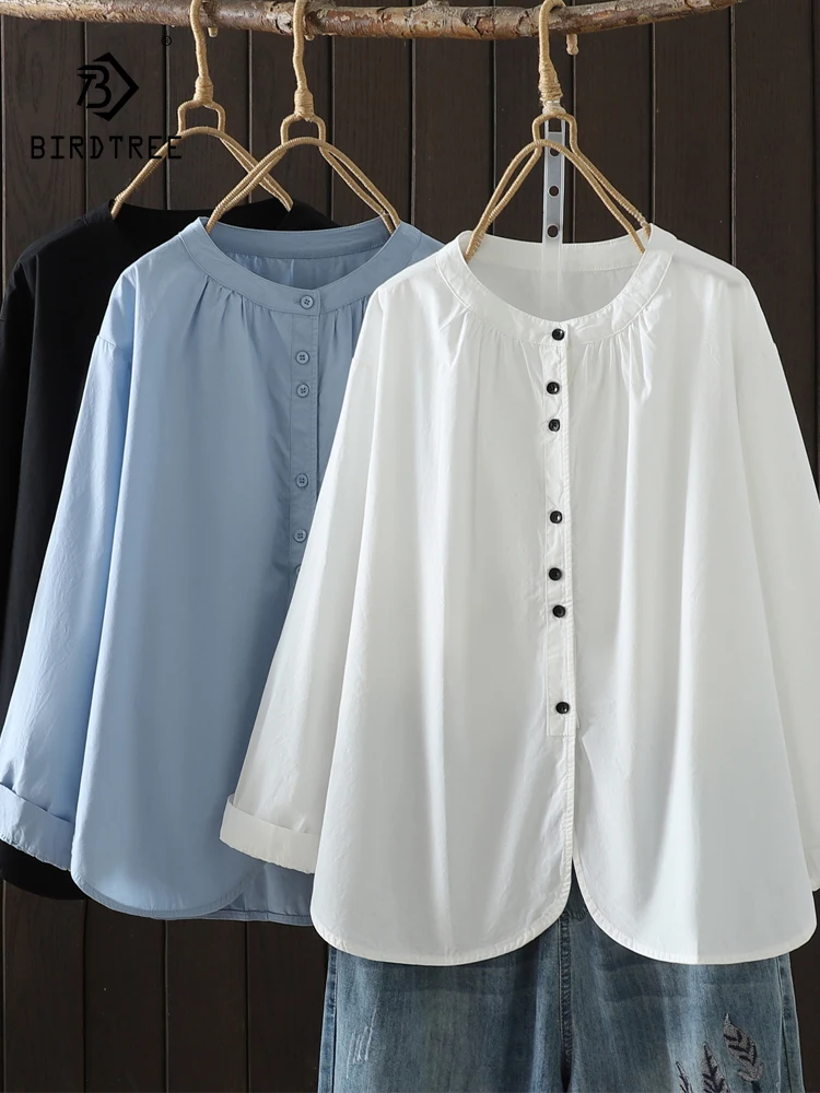 

Новинка 2025, осенняя хлопковая рубашка с длинными рукавами, женская однотонная рубашка-стойка, простая универсальная свободная блузка средней длины Mori Girl T58651CC