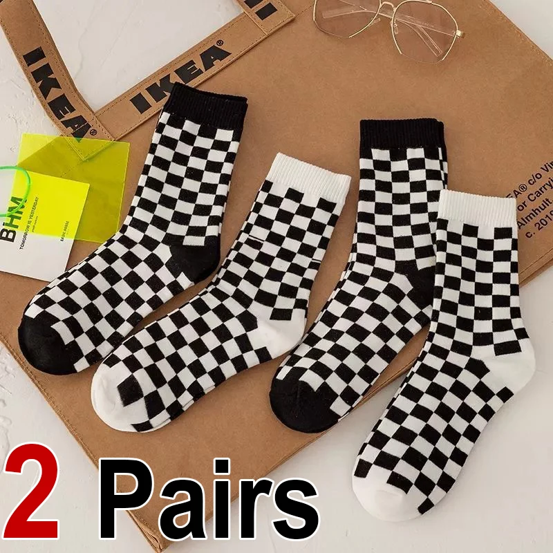 2-Paar Damen-Socken mit Karomuster, mittellang, modisch, Street-Style, weich, bequem, für Paare, alle Jahreszeiten, lässige Socken – Detail 6