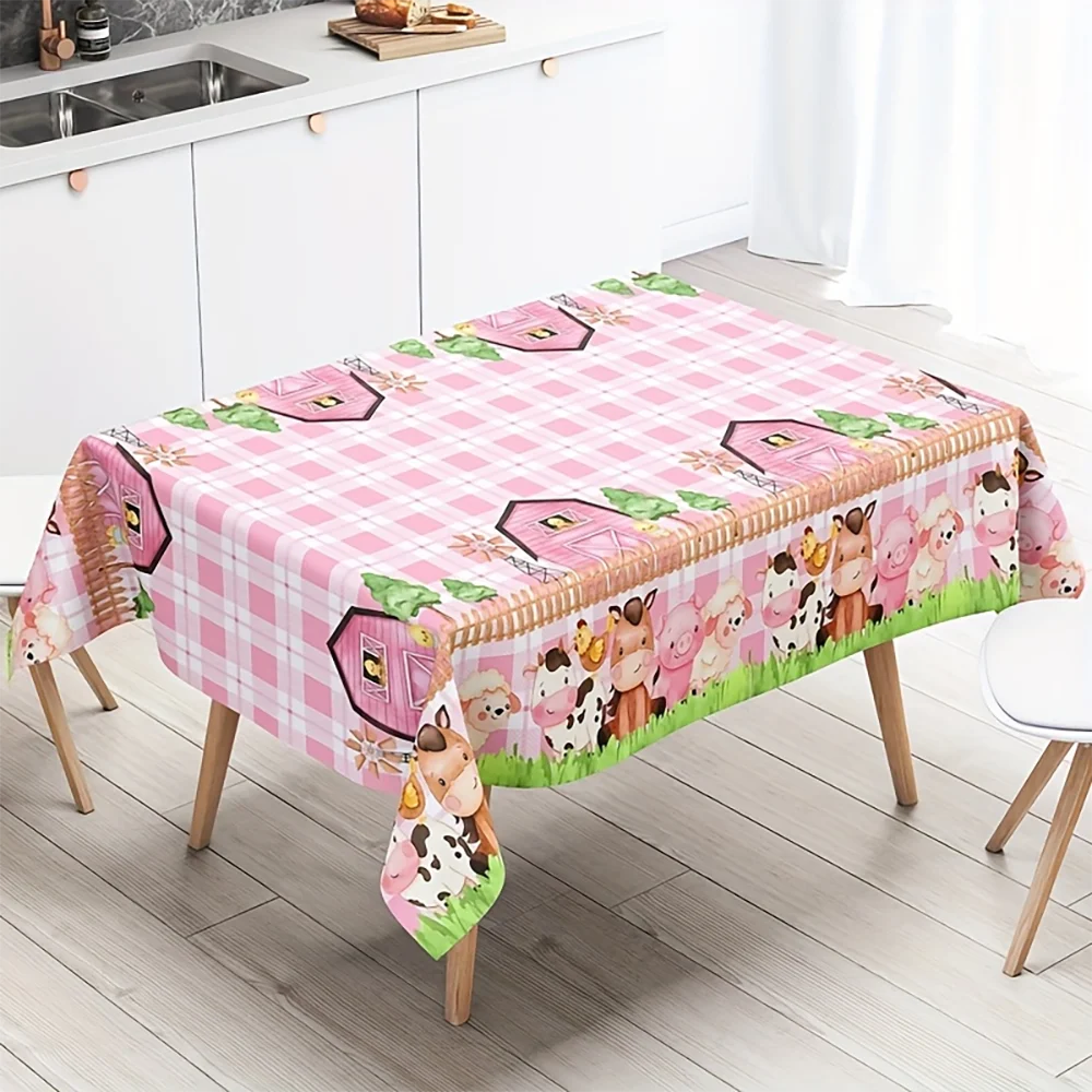 1pc Pink Plaid Farm Animals Print Tablecloth, Cute Watercolor Barn Cow Pig Horse Themed Kitchen Dining Table Cover for Kids Room