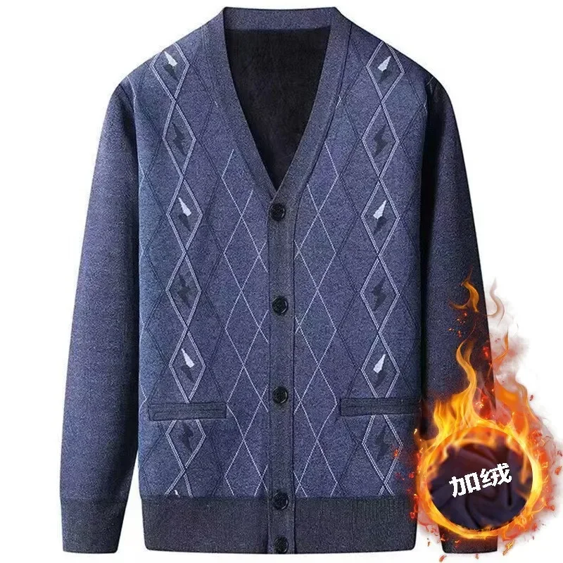 Cardigan en tricot épais à col en V pour hommes d'âge moyen et âgés, pull en peluche pour papa, veste d'hiver