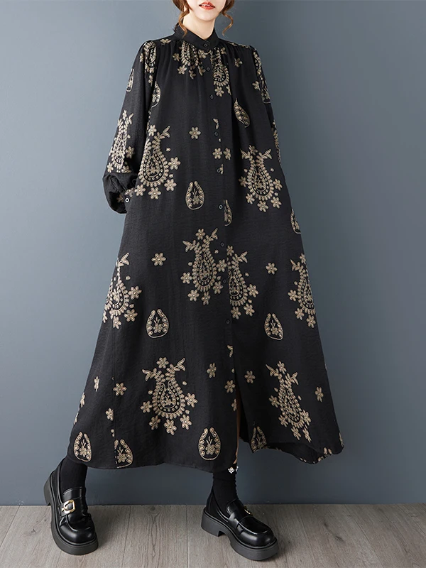 SuperAen 2025 봄과 가을 루즈핏 오버사이즈 스탠드업 칼라 패션 프린트 드레스 플리츠 패치워크 롱 엘레강트 셔츠 드레스