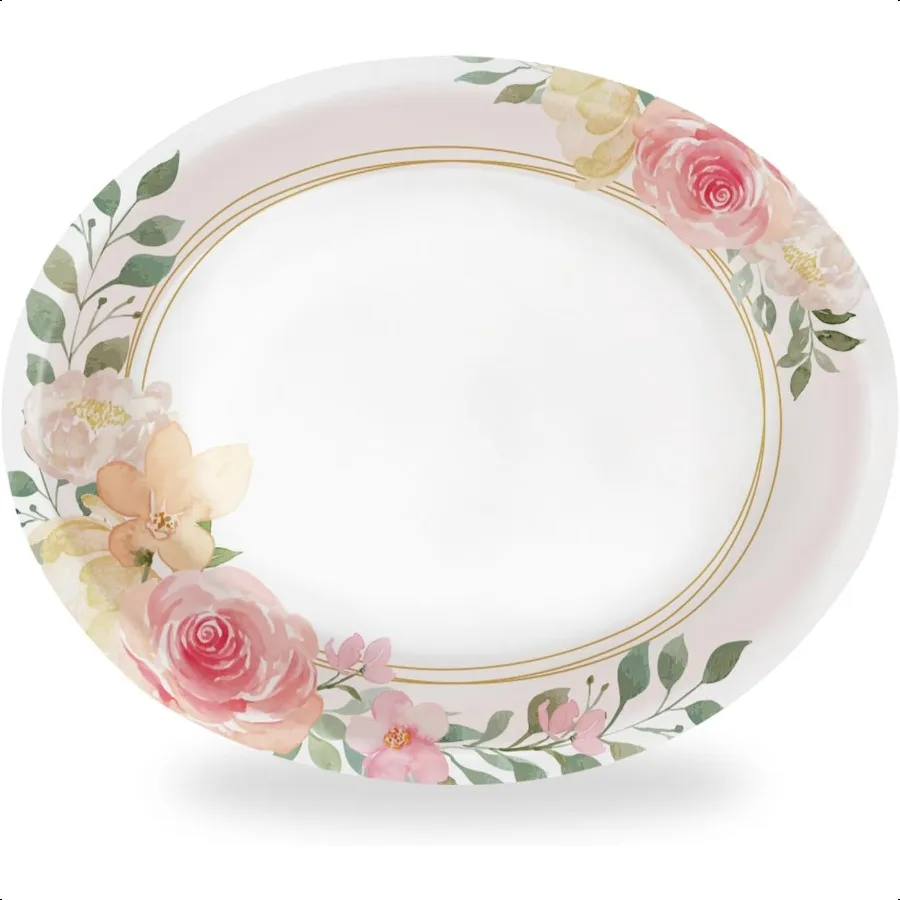 

50 Count Thanksgiving Oval Paper Plates10 x 12 in Large Dinner Pink Floral Party Plates for Birthday Girl Baby Shower Tea Part