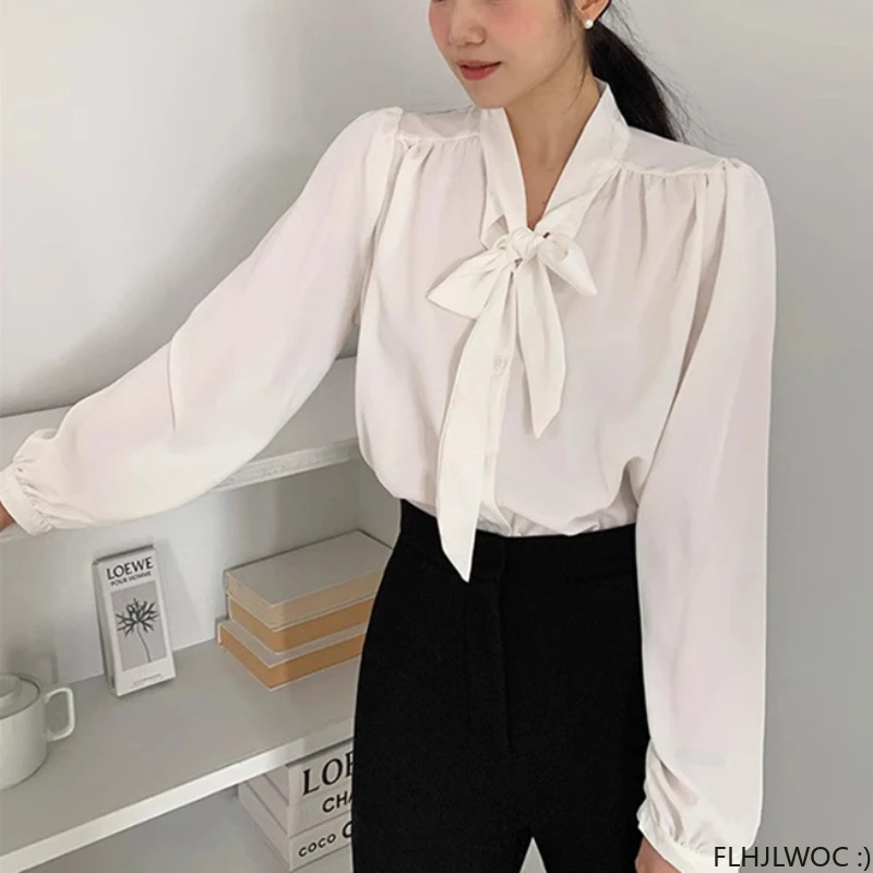 2024 Hot Bow Tie Tops Women Korean Style Design Clothes Long Sleeve Elegant Office Lady Cute Ribbon Sweet Basic Shirts Blouses