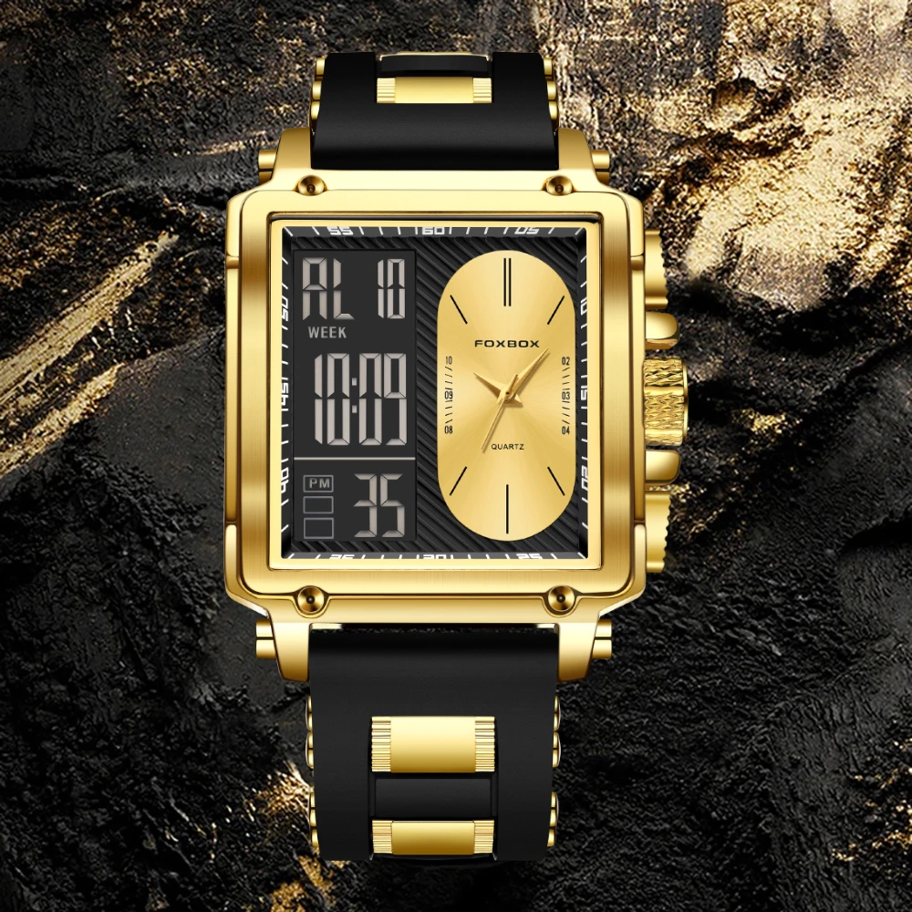 LIGE Fashion Men Quartz Wristwatches FOXBOX Top Brand Luxury Chronograph Square Digital Watch Men Casual Sports Waterproof Clock