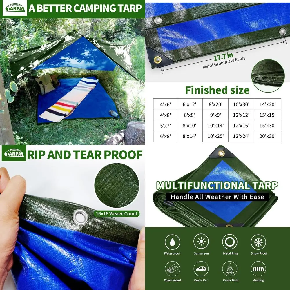 قماش القنب عالي التحمل مقاوم للماء مقاس 12 × 12 مع حماية من الأشعة فوق البنفسجية وحلقات معدنية وغطاء مقاوم للتمزق للاستخدام الخارجي (أخضر/أزرق) #1