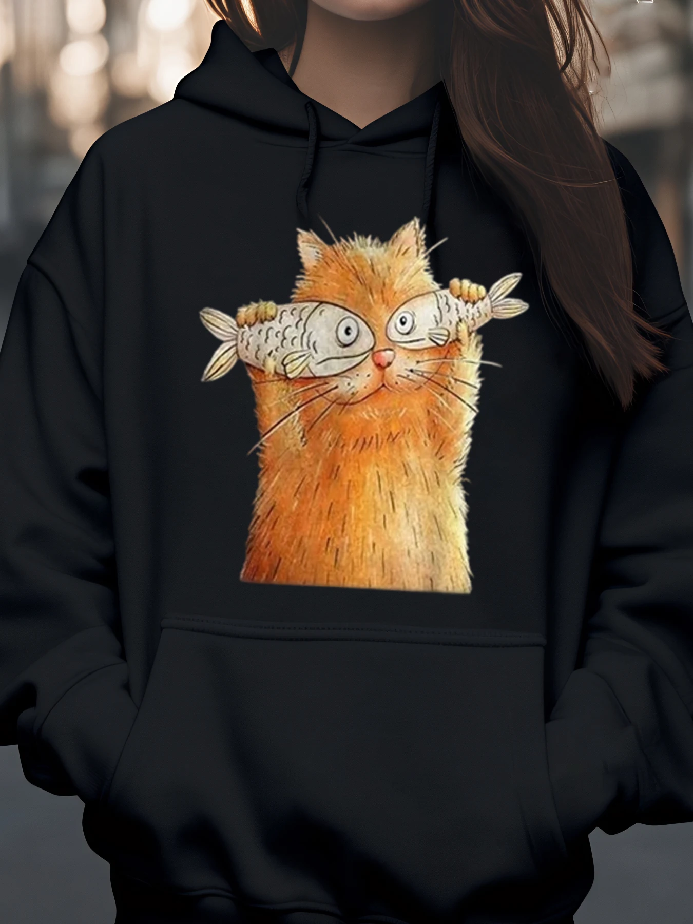 

Толстовка с принтом кота и рыбы, повседневная одежда на Хэллоуин для женщин