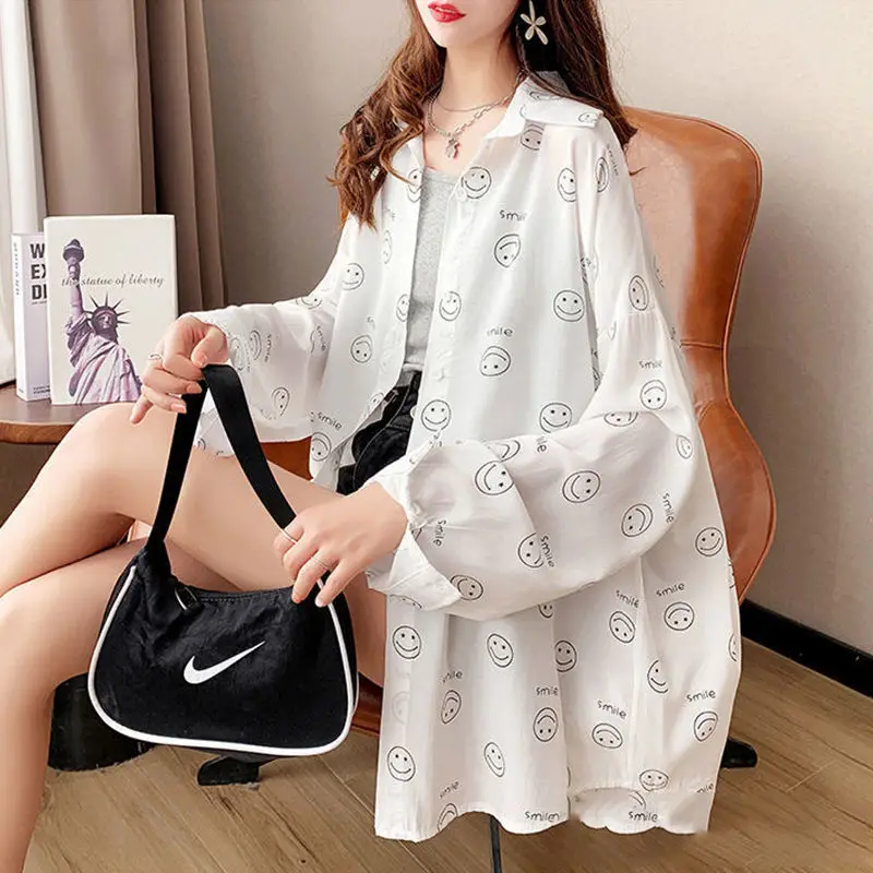 Korean Printed Single-breasted Blouse Long Sleeve Female Fashion Loose Turn-down Collar Thin Casual Shirt Women\'s Clothing 2023