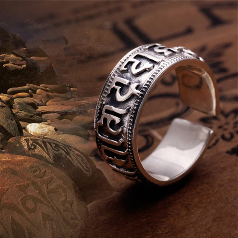 Trendy 925 Sterling Silver Ring For Women Men Jewelry Vintage Sanskrit Buddhist Scriptures Ring Female Male Finger Accessories view 4