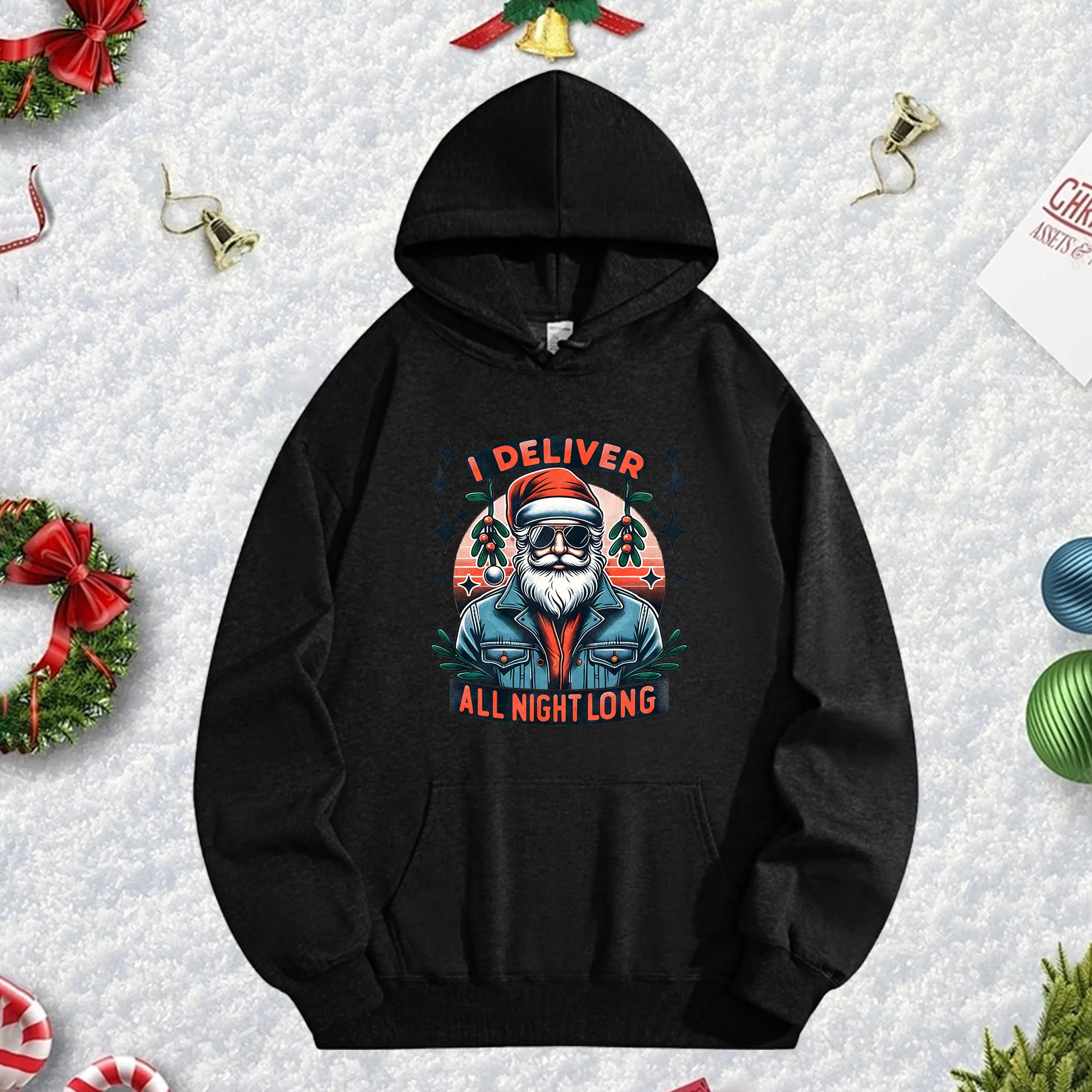 

Черная толстовка унисекс Санта-Клауса 270G, уютный флисовый пуловер для зимы, рождественского и новогоднего праздничного наряда