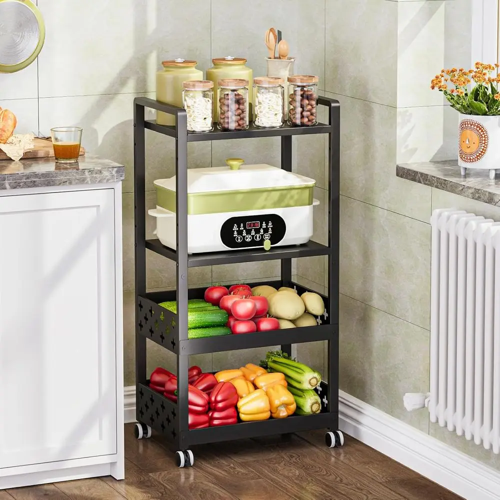 

Kitchen Rolling Cart,4 Tier Mobile Utility Snack Cart with Adjustable Shel, ruit and Vegetable Storage on Wheels or Kitchen