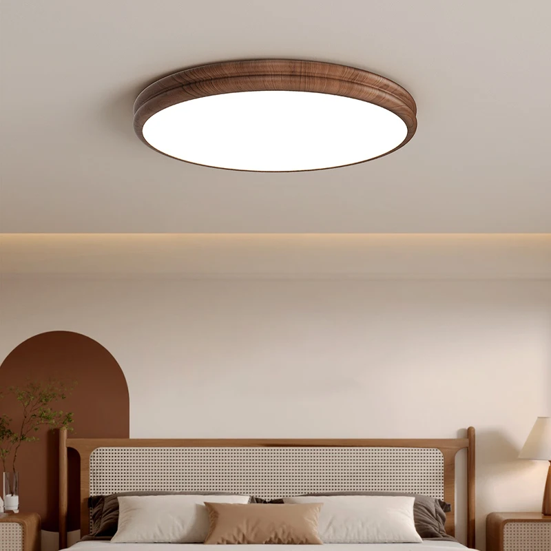 French Style Bedroom LED Ceiling Light Walnut Wood Color Retro Lamp Bedroom Living Room Dining Room Circular lighting fixture