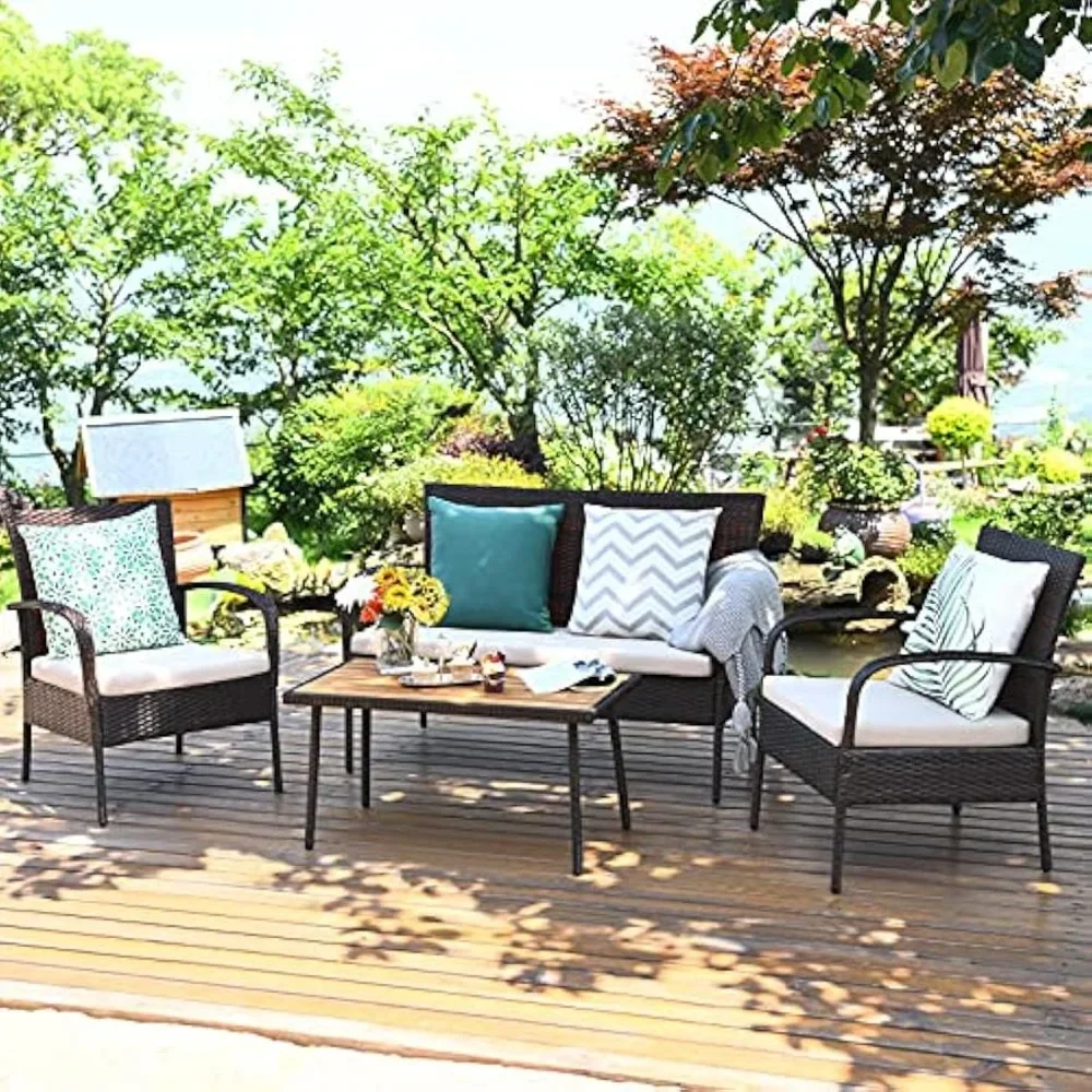 new 4 PCS Patio Rattan Furniture Set, Outdoor Conversation Set w/Cushions & Acacia Wood Coffee Tabletop, Sectional Sofa Set