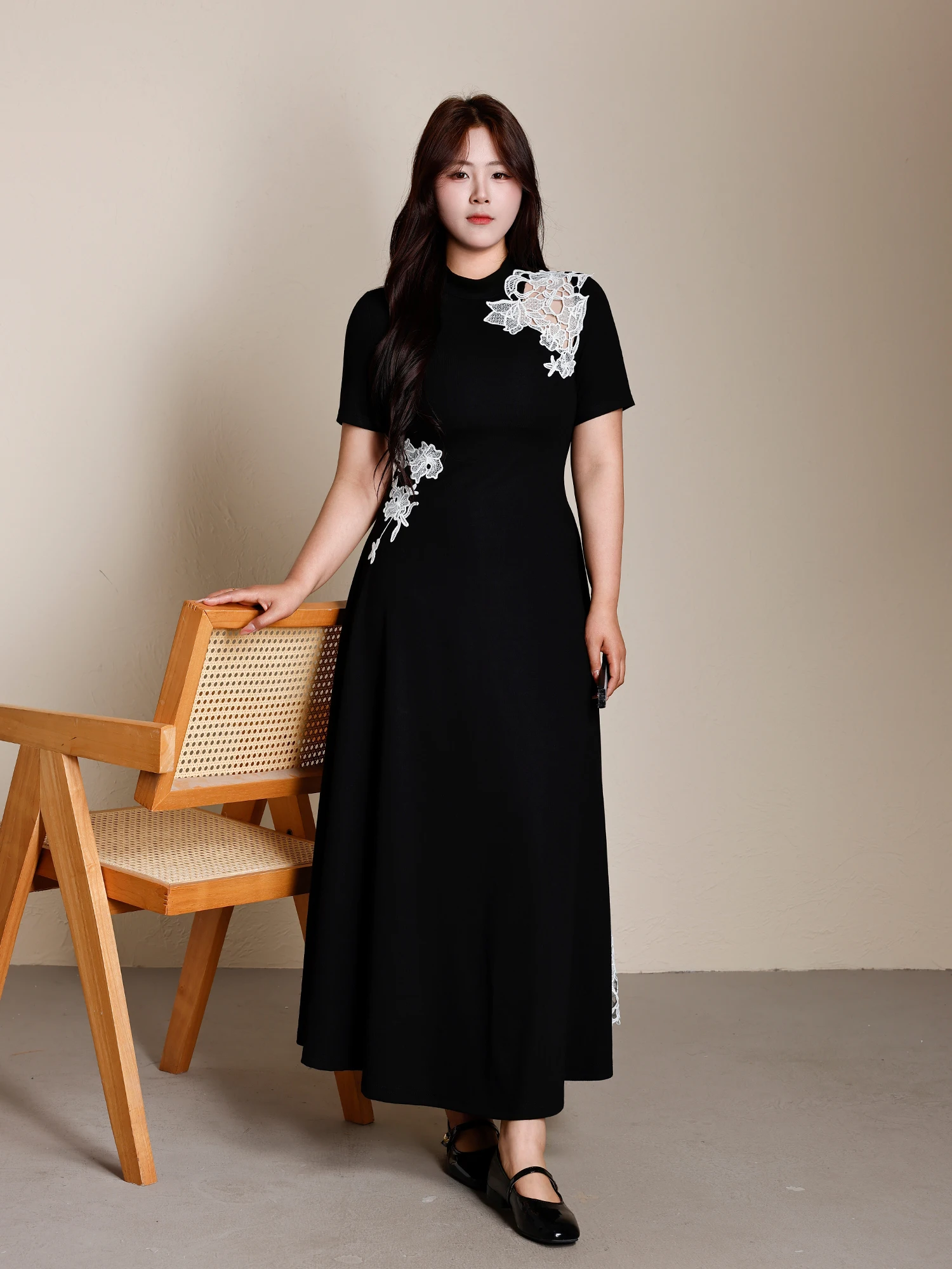 

New Chinese Style Long Lace Embroidery Dress Slimming Meat Covering Summer Women's Fashion plus Size High Waist A-Line Dress