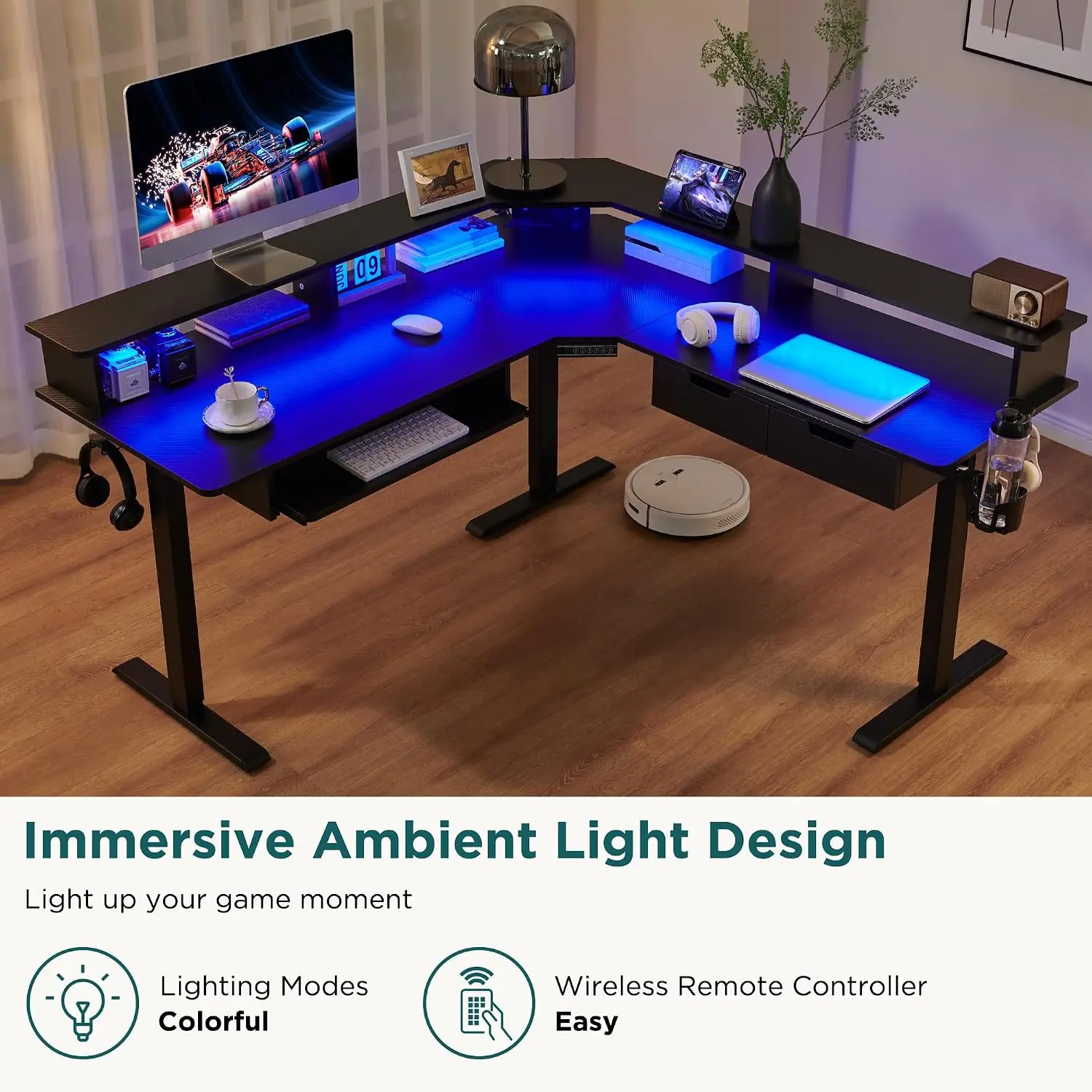 L-Shaped Electric Standing Desk, 60 inches Motor Height Adjustable Sit Stand Corner Desk with Led, Large Home, Customized