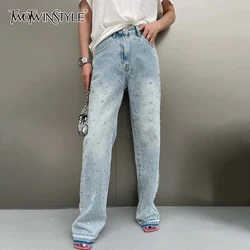 TWOTWINSTYLE Spliced Diamonds Jeans For Women High Waist Casual Loose Temperament Autumn Jean Female Fashion Style Clothing New